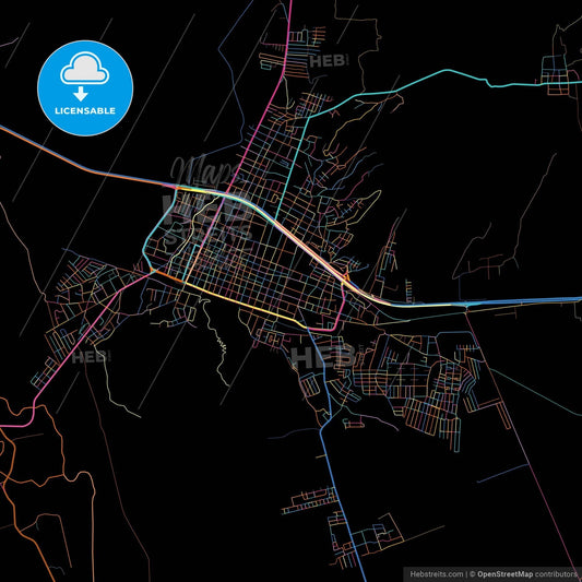 Yaritagua, Venezuela, colorful city map on black background