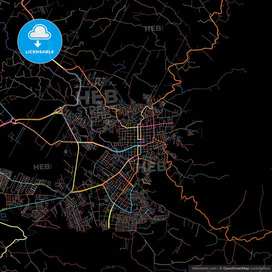 Fusagasuga, Colombia, colorful city map on black background