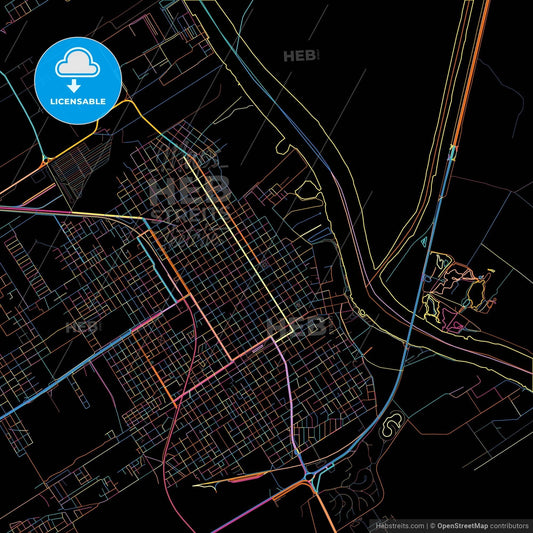 Zarate, Argentina, colorful city map on black background