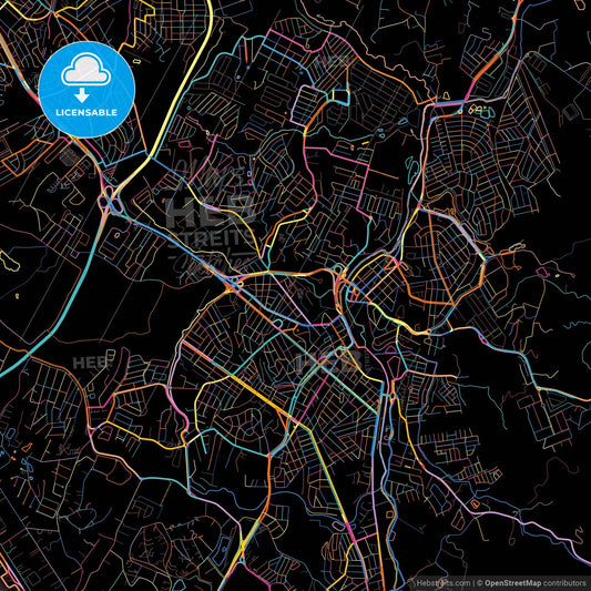 Valinhos, Brazil, colorful city map on black background