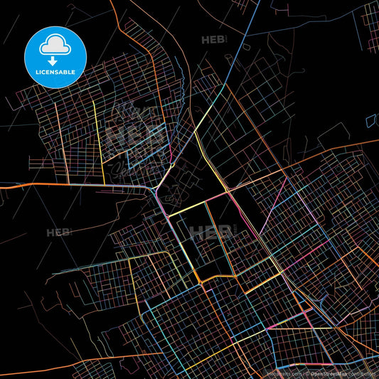 Montero, Bolivia, colorful city map on black background