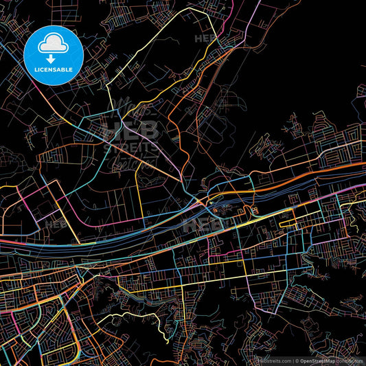 Chosica, Peru, colorful city map on black background