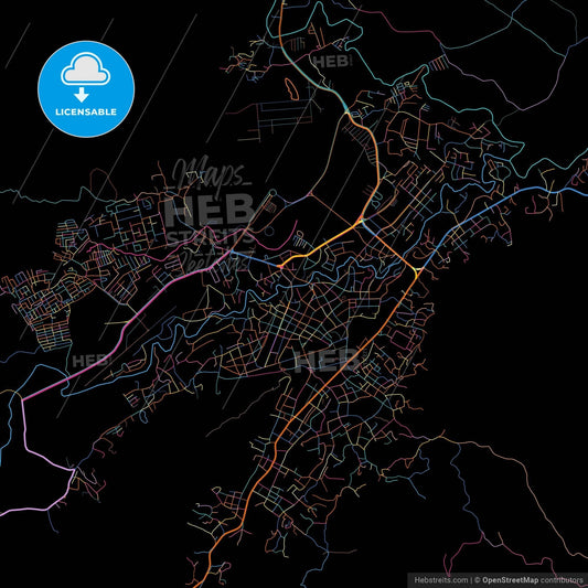 San Juan de los Morros, Venezuela, colorful city map on black background