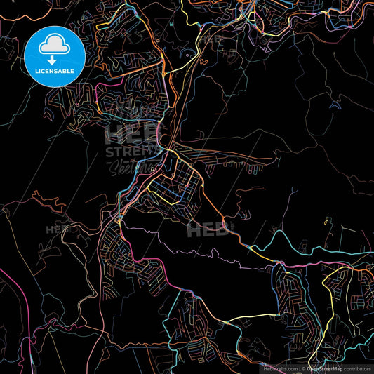 Caieiras, Brazil, colorful city map on black background