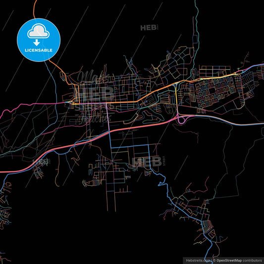 La Victoria, Venezuela, colorful city map on black background