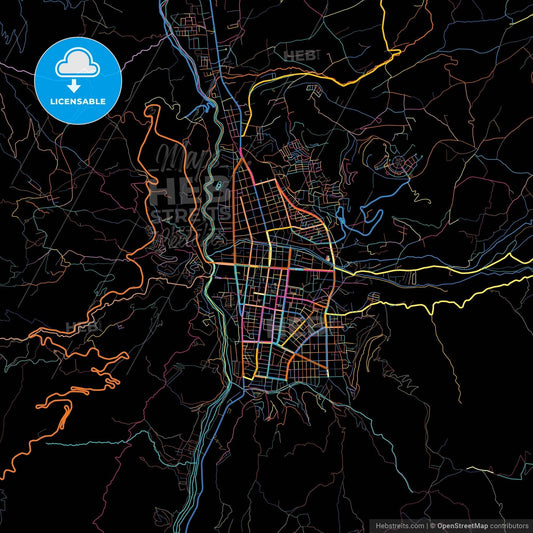 Huaraz, Peru, colorful city map on black background