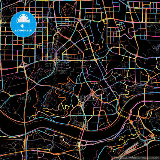 Chongqing, China, colorful city map on black background