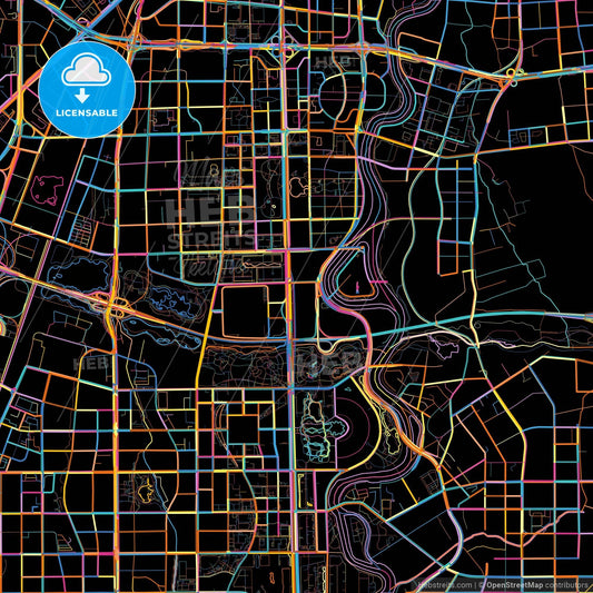 Chengdu, Sichuan, China, colorful city map on black background