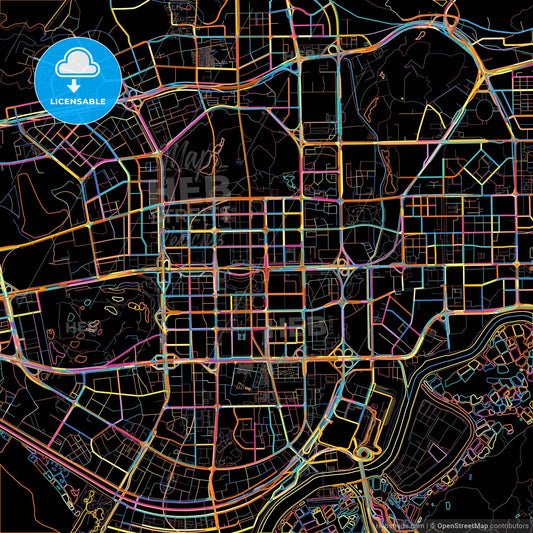 Shenzhen, Guangdong, China, colorful city map on black background