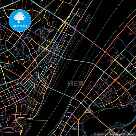 Wuhan, Hubei, China, colorful city map on black background
