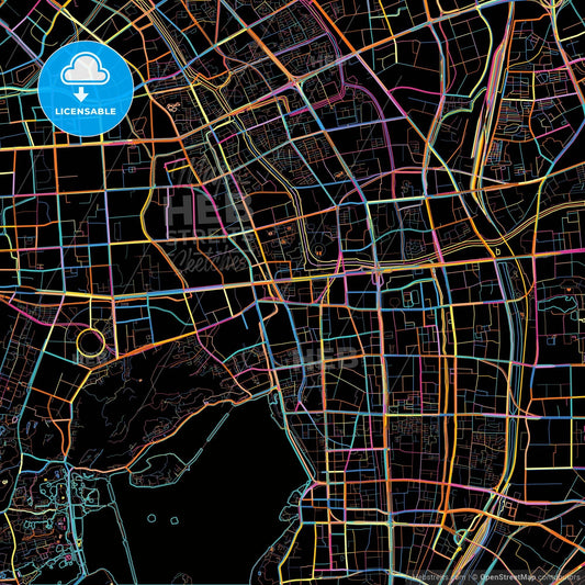 Hangzhou, Zhejiang, China, colorful city map on black background