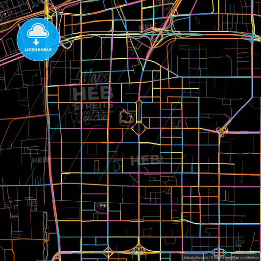 Xi an, Shaanxi, China, colorful city map on black background