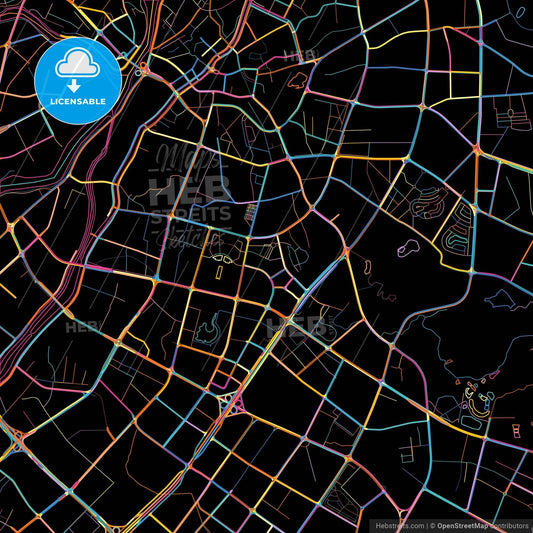 Dongguan, Guangdong, China, colorful city map on black background