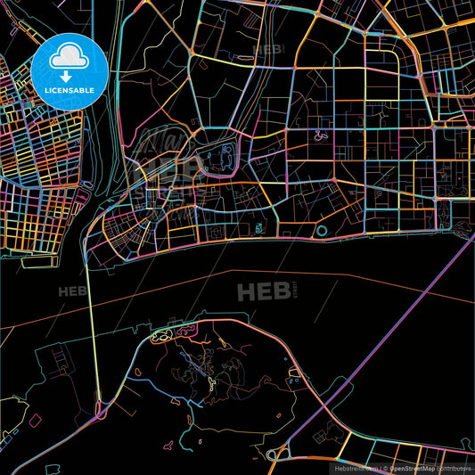 Shantou, Guangdong, China, colorful city map on black background