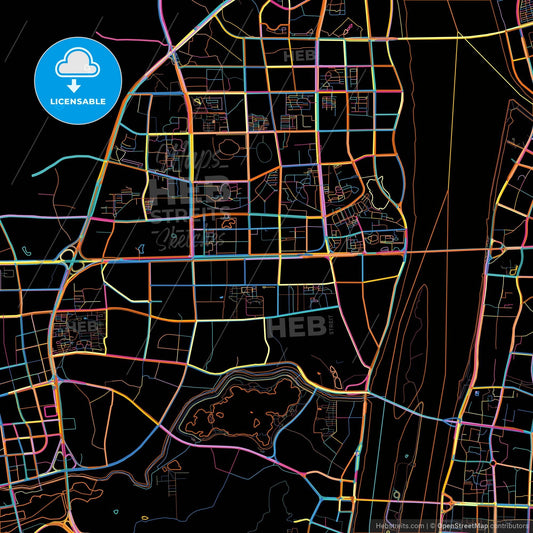 Changsha, Hunan, China, colorful city map on black background