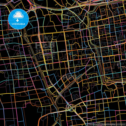 Suzhou, Jiangsu, China, colorful city map on black background