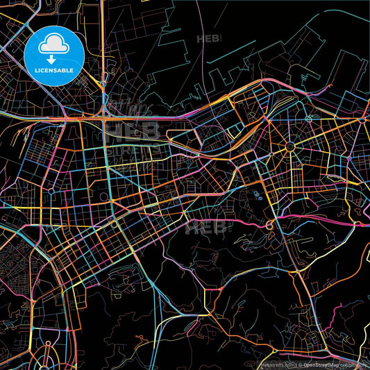 Dalian, Liaoning, China, colorful city map on black background