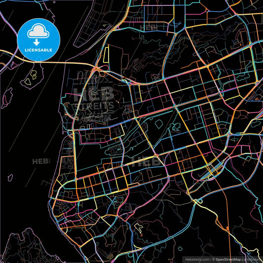 Xiamen, Fujian, China, colorful city map on black background