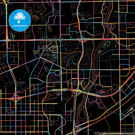 Changchun, Jilin, China, colorful city map on black background