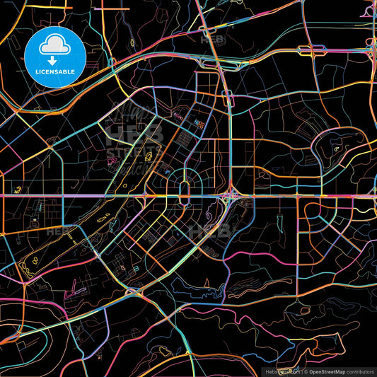 Nanning, Guangxi, China, colorful city map on black background