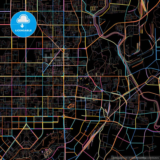 Tangshan, Hebei, China, colorful city map on black background