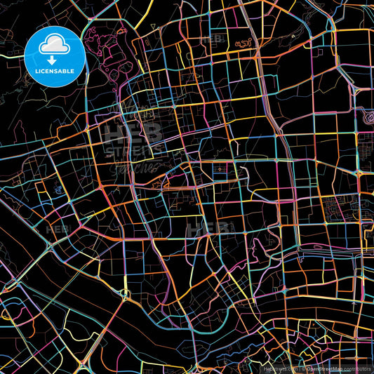 Fuzhou, Fujian, China, colorful city map on black background