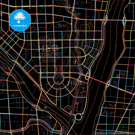 Linyi, Shandong, China, colorful city map on black background