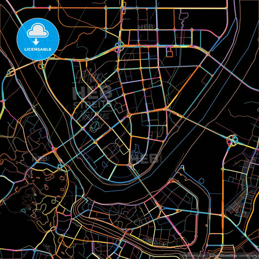 Huizhou, Guangdong, China, colorful city map on black background
