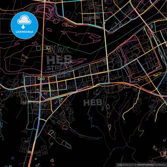 Xiangyang, Hubei, China, colorful city map on black background