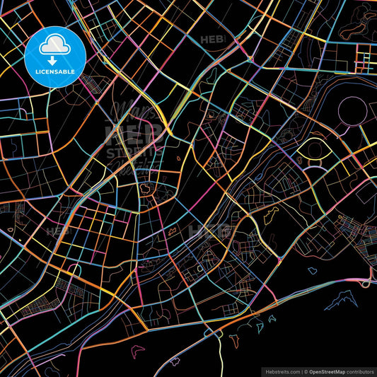 Yiwu, Zhejiang, China, colorful city map on black background