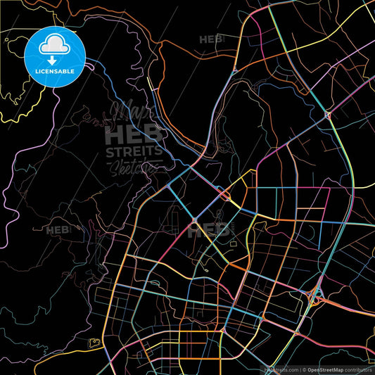 Putian, Fujian, China, colorful city map on black background