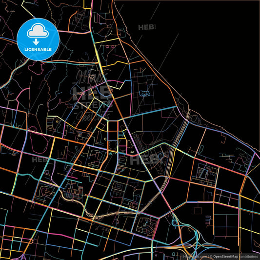 Yantai, Shandong, China, colorful city map on black background