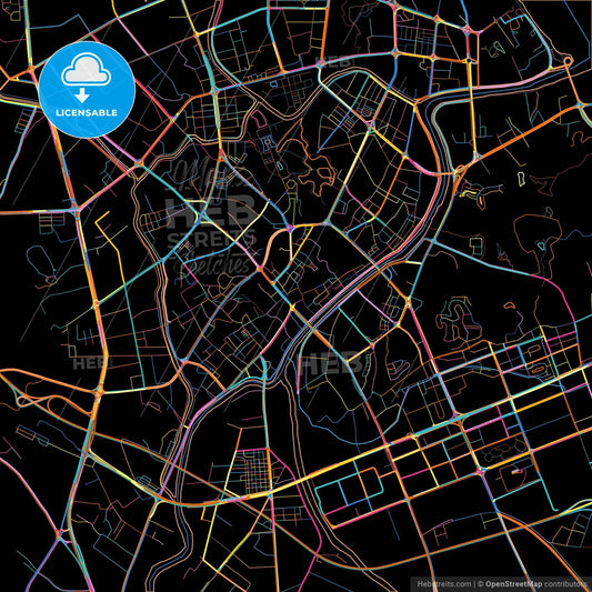 Jiangmen, Guangdong, China, colorful city map on black background