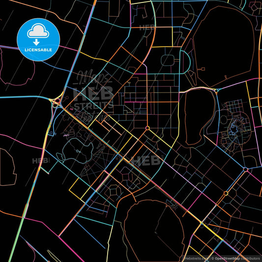 Daqing, Heilongjiang, China, colorful city map on black background