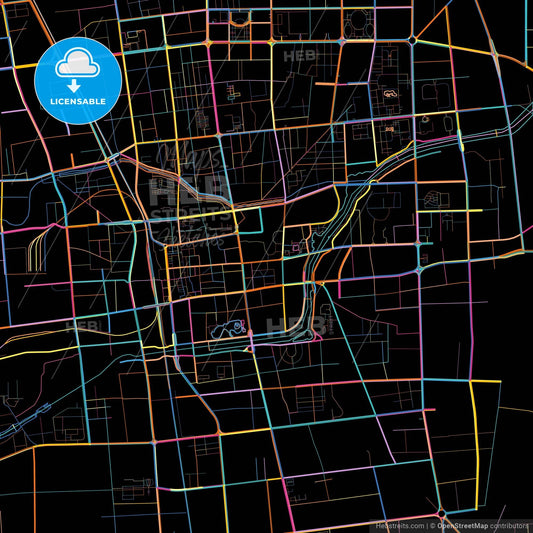 Tengzhou, Shandong, China, colorful city map on black background