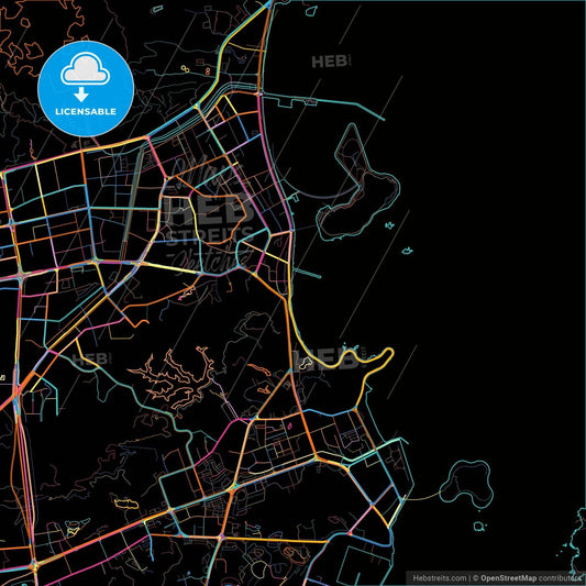 Zhuhai, Guangdong, China, colorful city map on black background