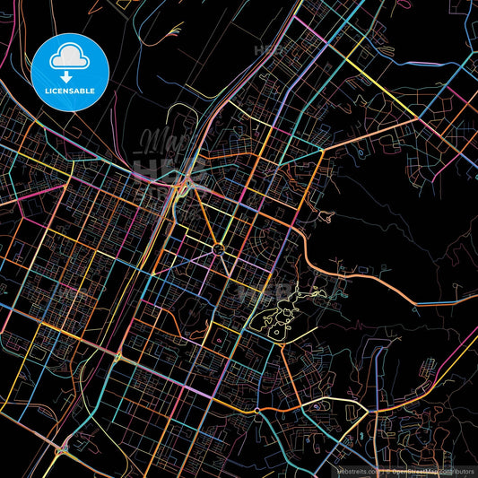 Anshan, Liaoning, China, colorful city map on black background