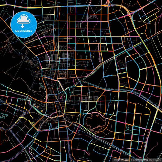 Changshu, Jiangsu, China, colorful city map on black background
