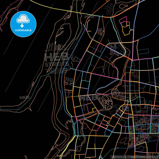 Qiqihar, Heilongjiang, China, colorful city map on black background