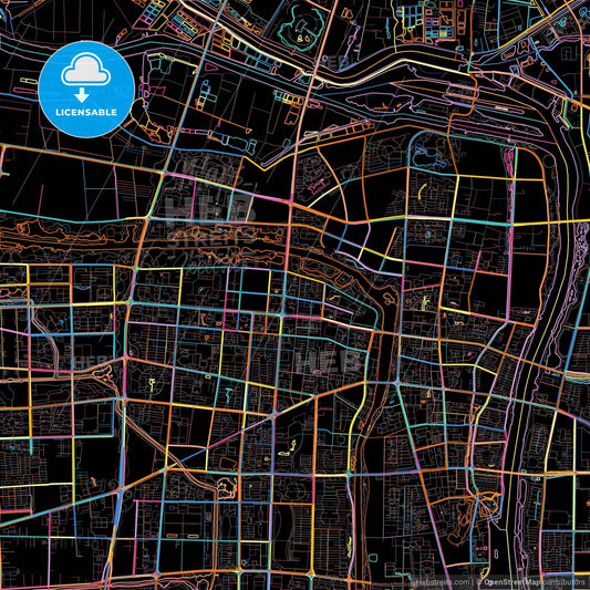 Suqian, Jiangsu, China, colorful city map on black background