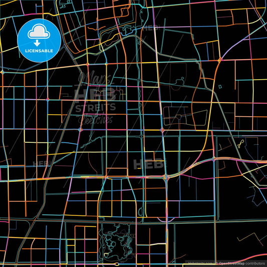 Taizhou, Jiangsu, China, colorful city map on black background