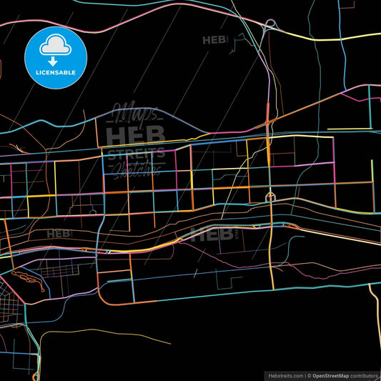 Fushun, Liaoning, China, colorful city map on black background