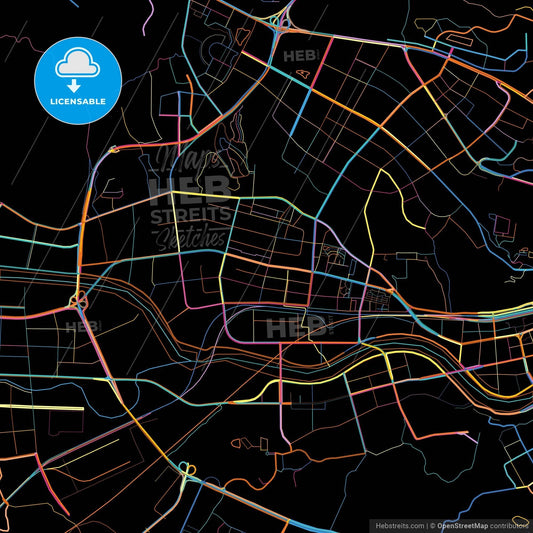 Mianyang, Sichuan, China, colorful city map on black background