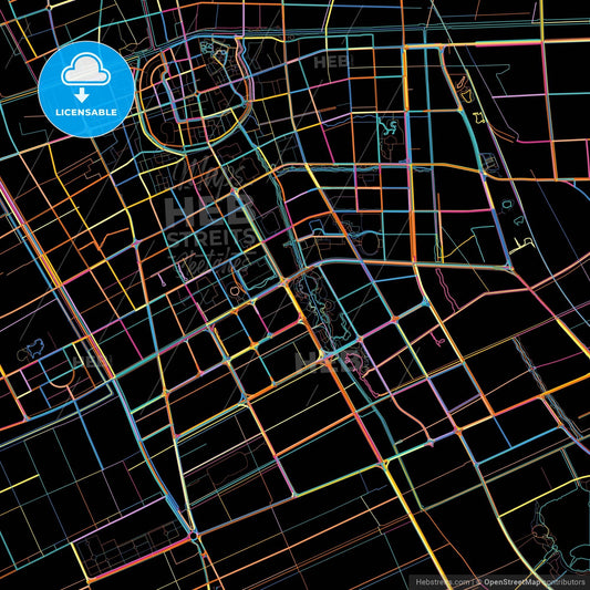 Rugao, Jiangsu, China, colorful city map on black background