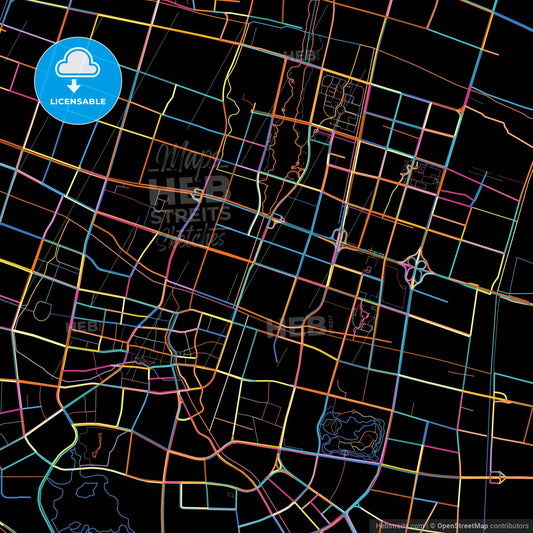 Zhangjiagang, Jiangsu, China, colorful city map on black background