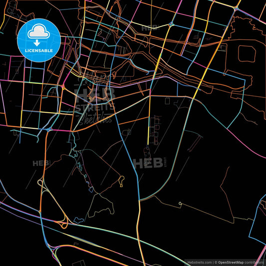 Yixing, Jiangsu, China, colorful city map on black background