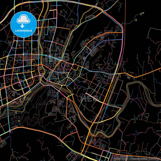 Fuqing, Fujian, China, colorful city map on black background