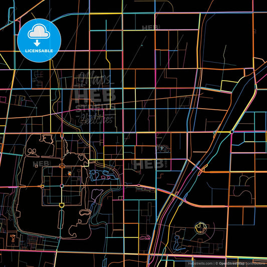 Liaocheng, Shandong, China, colorful city map on black background