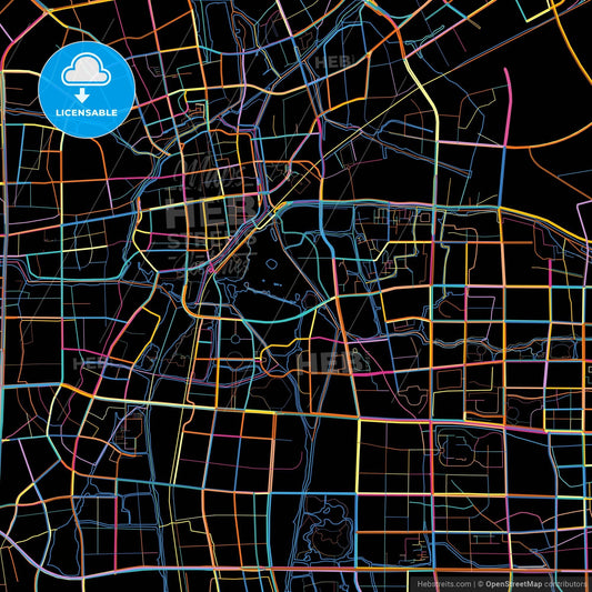 Jiaxing, Zhejiang, China, colorful city map on black background