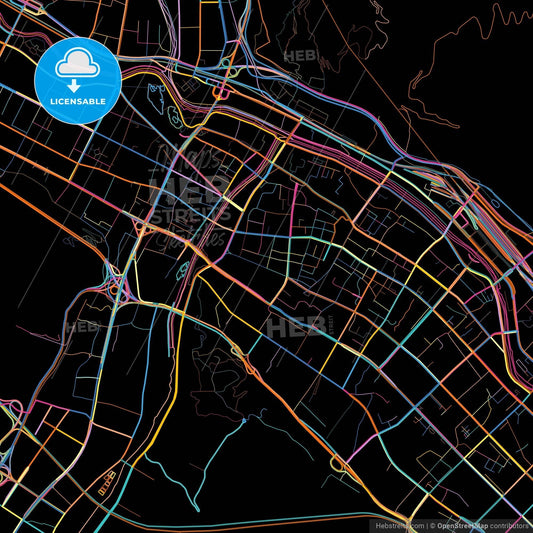 Xining, Qinghai, China, colorful city map on black background